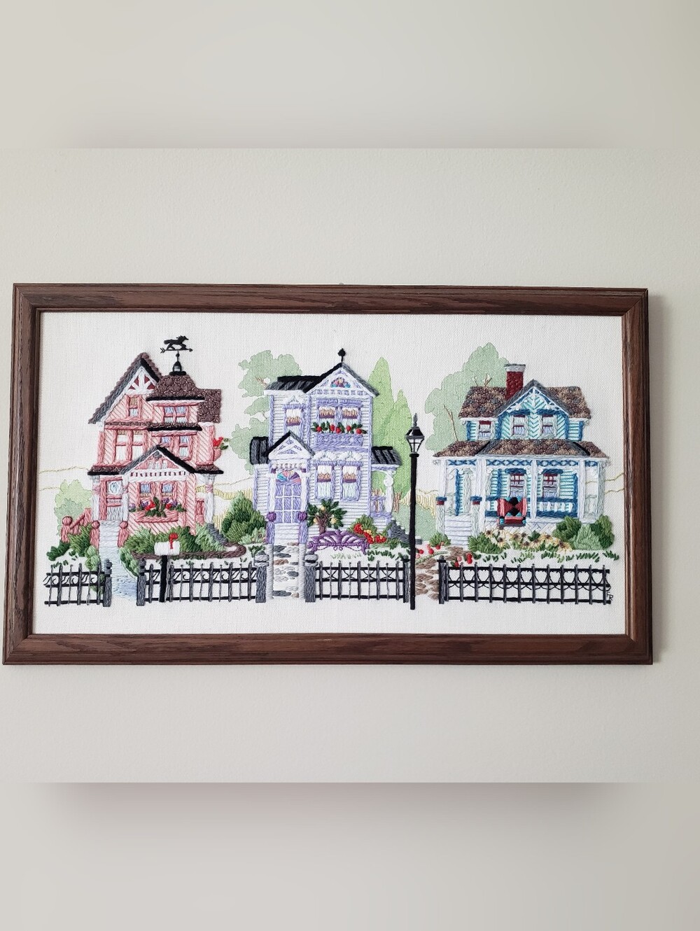 Framed Embroidered Victorian Houses Wall Art - Pink, Lavender, Blue